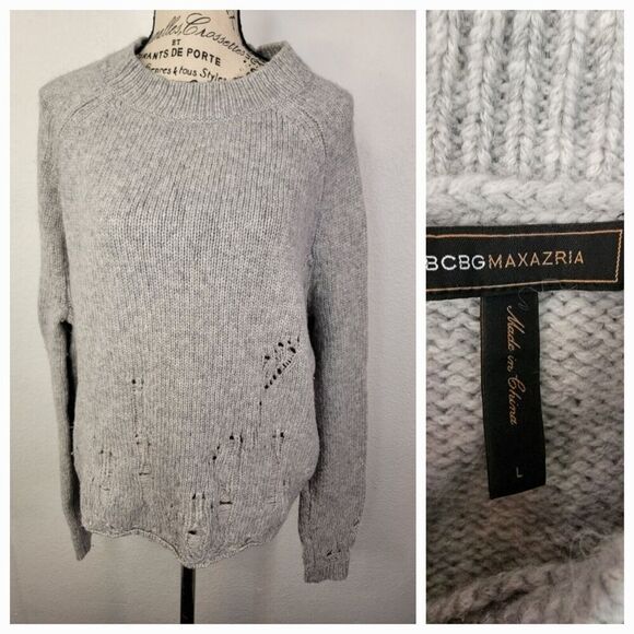 BCBGMaxAzria Sweater Large High Low Distressed Destroy Crochet Wool Alpaca Gray - Picture 1 of 13
